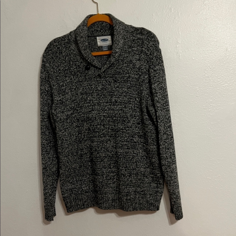 Old Navy SZ M Black/White Tweed LS Knit Shawl Collar Sweater Gorpcore Cabin Ski